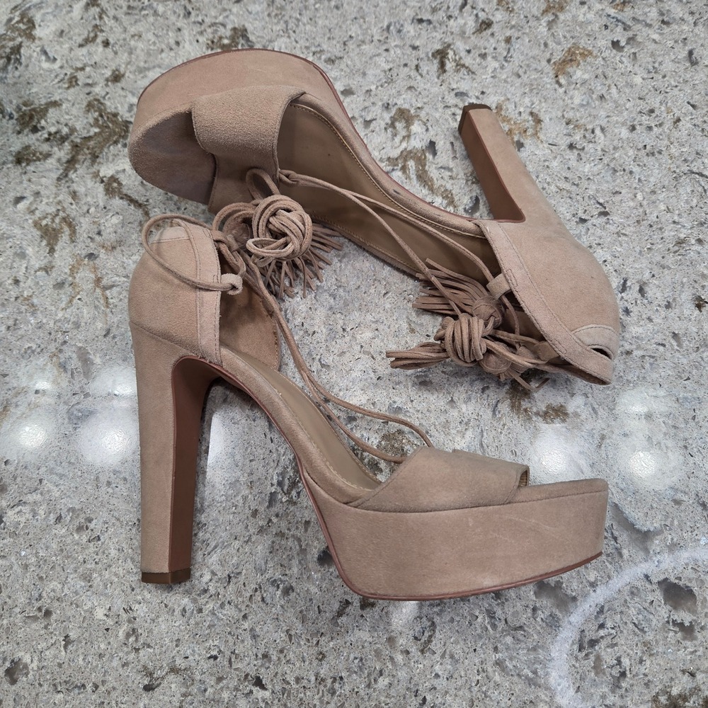 Michael‎ Kors Suede Lace Up Tassel Platform Block Heels Tan Women's Shoes - Picture 3 of 16